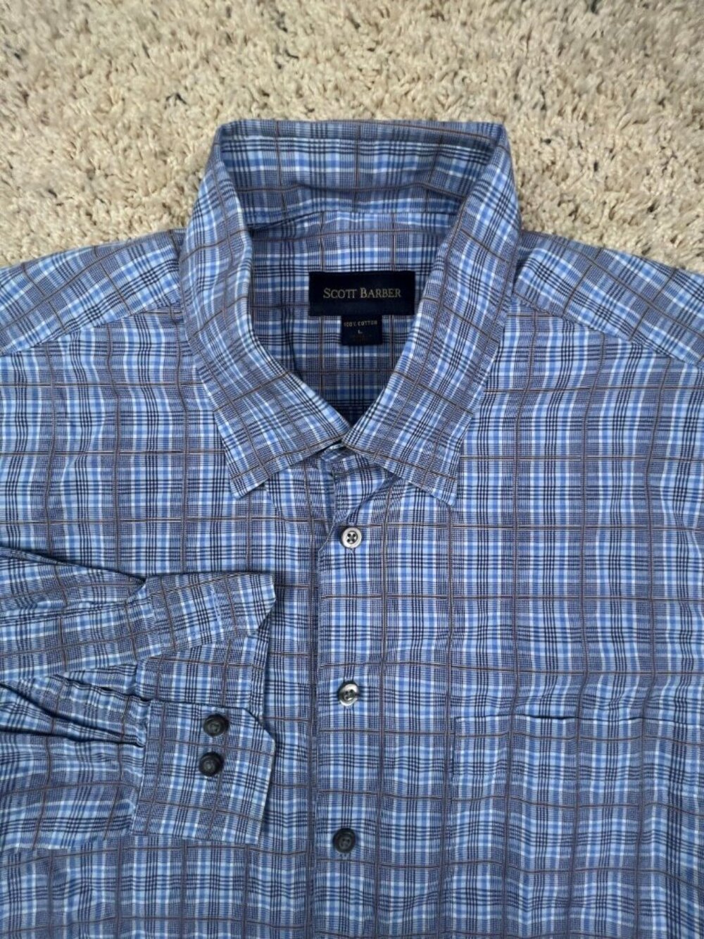 Scott Barber Shirt Mens Large Blue Brown Plaid Button Up Long Sleeve Cotton